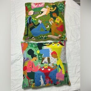 (2) Spring Reading Colorful Illustrated Throw Pillows by Rena W. Smith 16”x16”